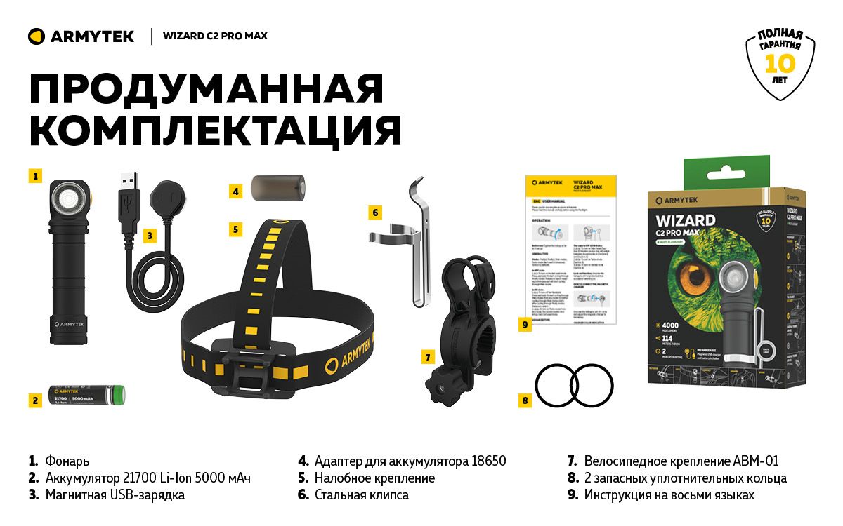 Мультифонарь светодиодный Armytek Wizard C2 Pro Max Magnet USB F06701C, 4000 люмен, холодный свет - фото